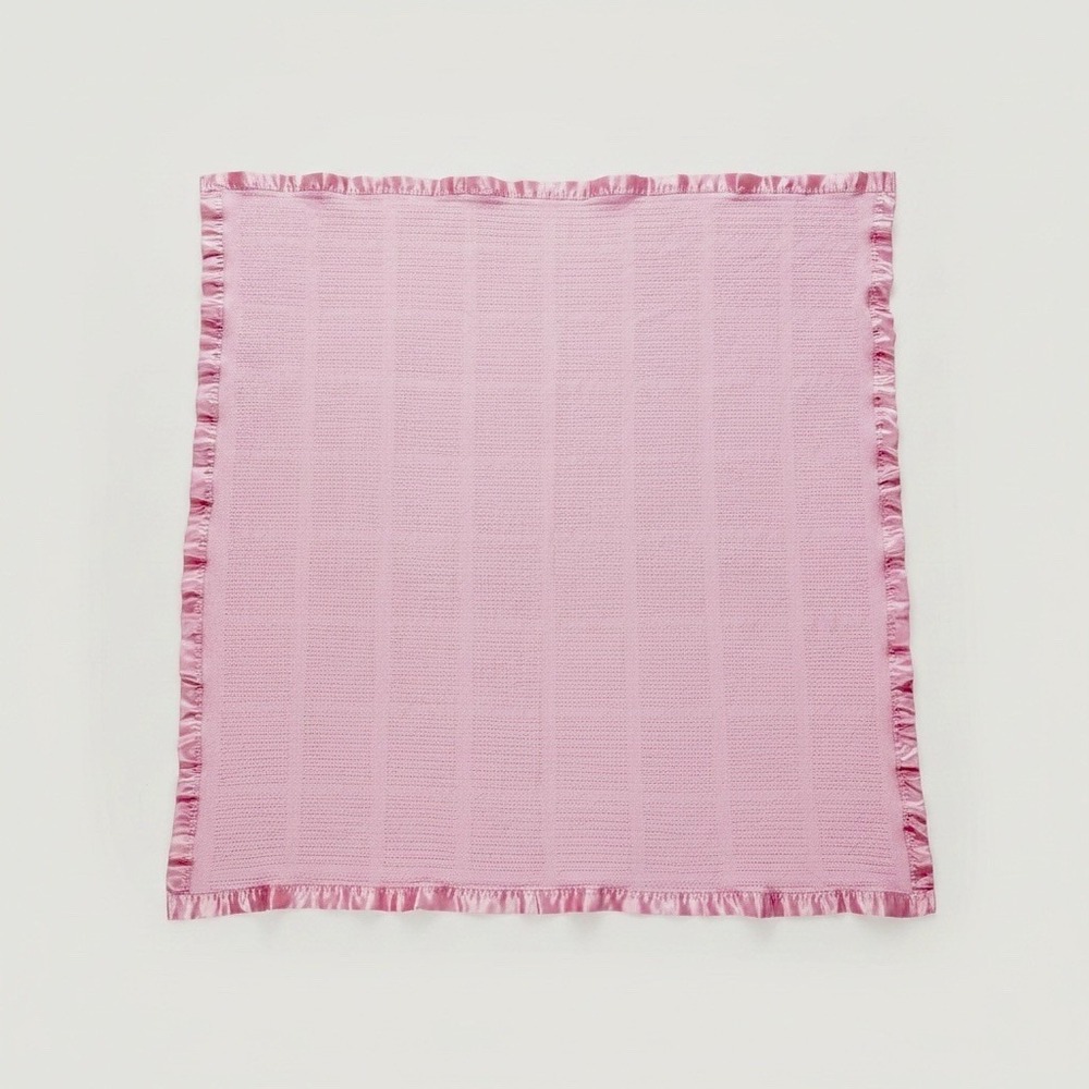 Vintage Pink Waffle Weave Baby Blanket COTTON With Satin Trim 44.5 x 38.